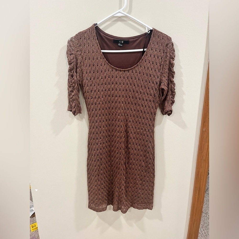 XXI Forever 21 Bronze Metallic Ruched Sleeve Mini Dress - Large